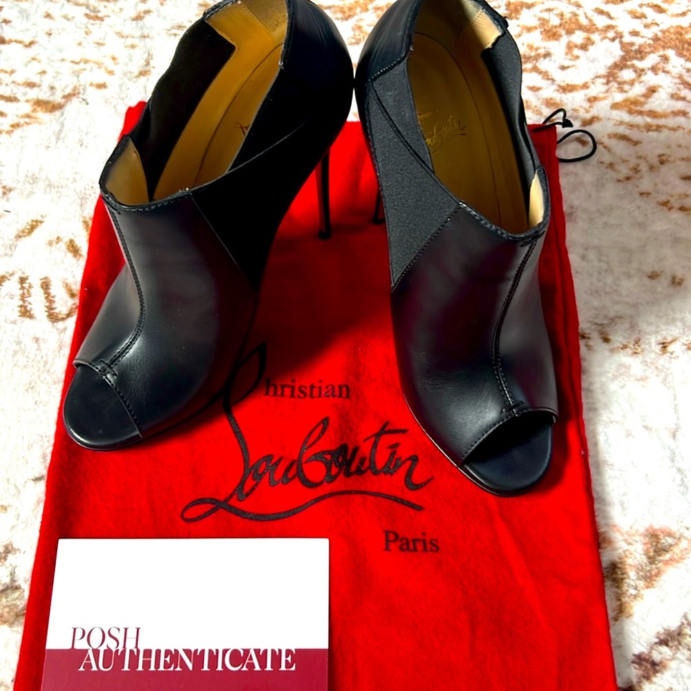 Christian Louboutin Black Leather Bootstagram Red Sole Peep-Toe Bootie B…